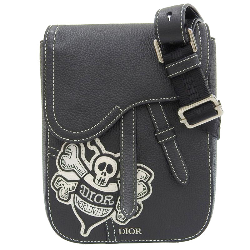 ディオール CHRISTIAN DIOR サドル ショルダーバッグ BEEポーチ ステューシーコラボ レザー ブラック 中古 OB1802