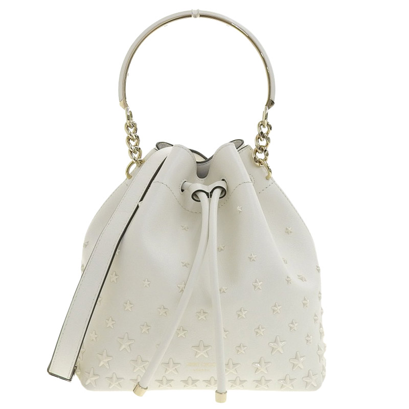 ジミーチュウ JIMMY CHOO ボンボン 2WAYバッグ バケットバッグ スタースタッズ レザー ホワイト 中古 OB1831