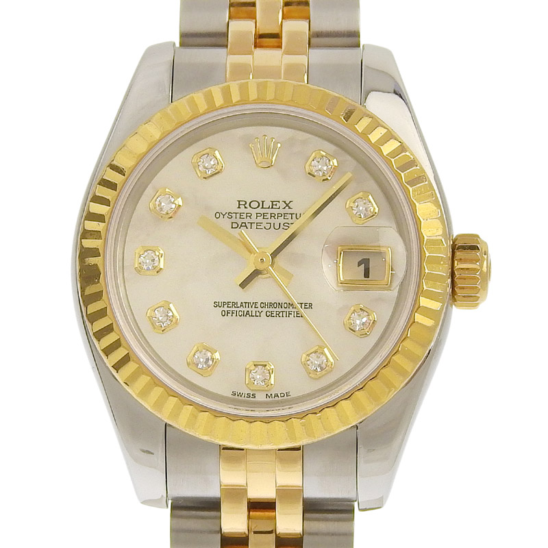 ロレックス ROLEX デイトジャスト レディース 自動巻き 腕時計 SS/YG 10Pダイヤ シェル文字盤 F番 2003/2004年 179173G 中古 RO0268