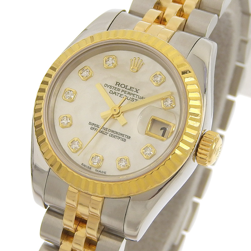 http://ロレックス%20ROLEX%20デイトジャスト%20レディース%20自動巻き%20腕時計%20SS/YG%2010Pダイヤ%20シェル文字盤%20F番%202003/2004年%20179173G%20中古%20RO0268