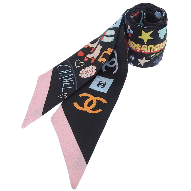 シャネル CHANEL ツイリー スカーフ ココマーク シルク ブラック 美品 CH0923