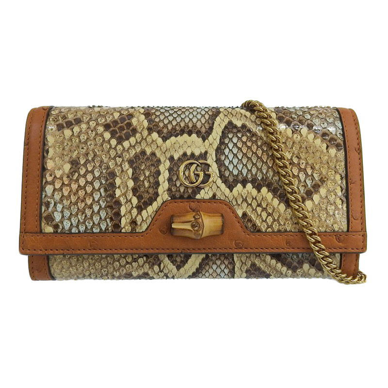 グッチ GUCCI ダイアナ チェーンウォレット パイソン/レザー ベージュ マルチカラー 658243 中古 GU0581