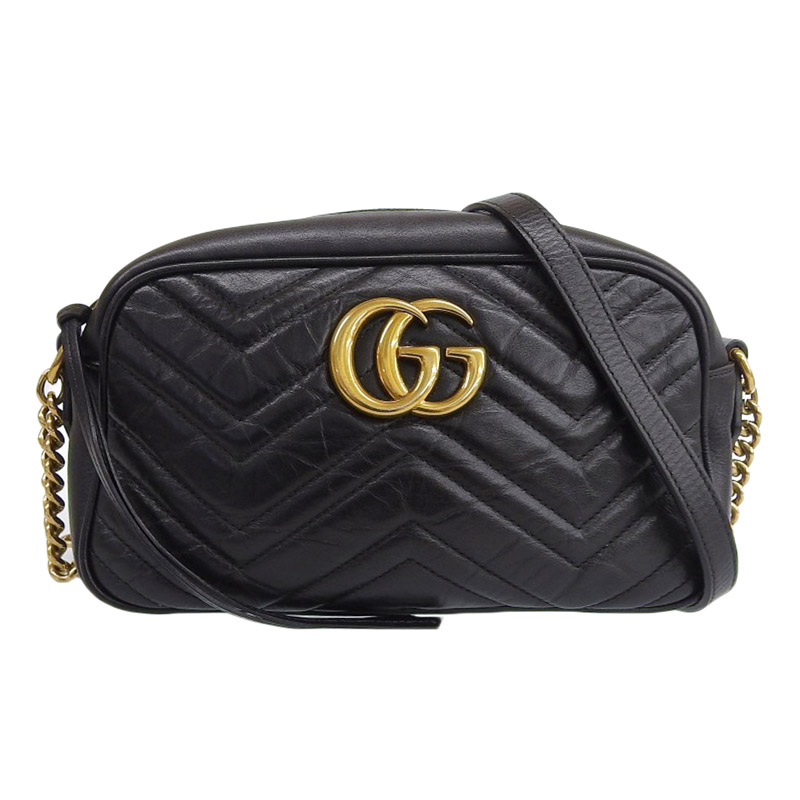グッチ GUCCI GGマーモント キルティング スモール ショルダーバッグ レザー ブラック 447632 中古 GU0588