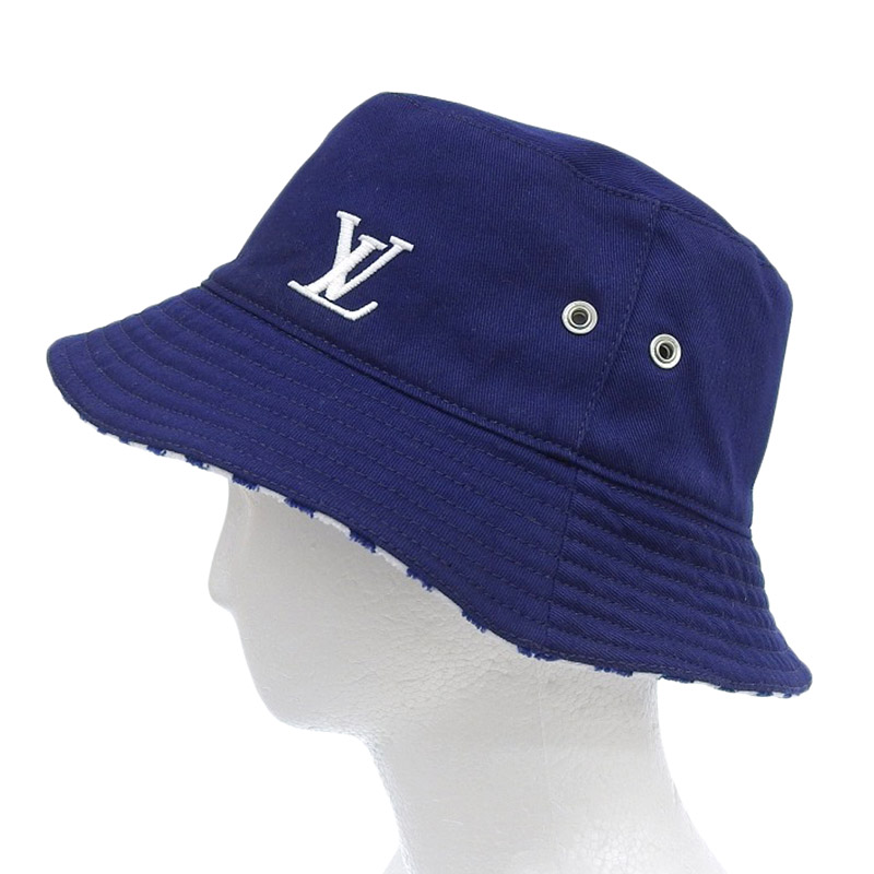 http://ルイヴィトン%20LOUIS%20VUITTON%20シャプカ%20LVグラフィカル%20バケットハット%20リバーシブル%20ネイビー/ホワイト%20L%20M77623%20中古%20LV1571