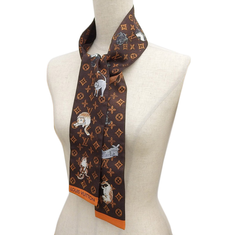 http://ルイヴィトン%20LOUIS%20VUITTON%20バンドー・キャットグラム%20バンドー%20スカーフ%20シルク%20ブラウン%20MP2268%20中古%20LV1601