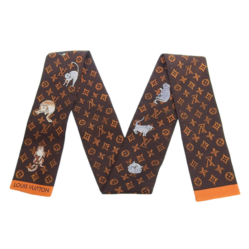 http://ルイヴィトン%20LOUIS%20VUITTON%20バンドー・キャットグラム%20バンドー%20スカーフ%20シルク%20ブラウン%20MP2268%20中古%20LV1601
