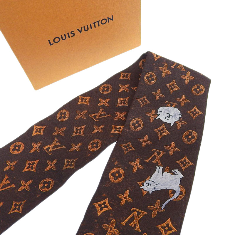 http://ルイヴィトン%20LOUIS%20VUITTON%20バンドー・キャットグラム%20バンドー%20スカーフ%20シルク%20ブラウン%20MP2268%20中古%20LV1601