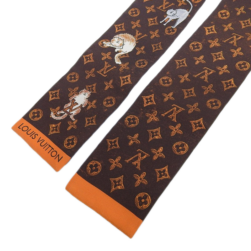 http://ルイヴィトン%20LOUIS%20VUITTON%20バンドー・キャットグラム%20バンドー%20スカーフ%20シルク%20ブラウン%20MP2268%20中古%20LV1601