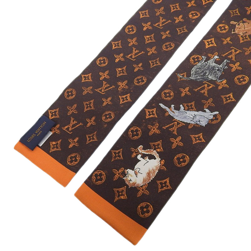 http://ルイヴィトン%20LOUIS%20VUITTON%20バンドー・キャットグラム%20バンドー%20スカーフ%20シルク%20ブラウン%20MP2268%20中古%20LV1601