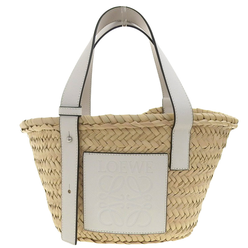 http://ロエベ%20LOEWE%20バスケットバッグ%20スモール%20トートバッグ%20かごバッグ%20ラフィア/レザー%20ナチュラル/ホワイト%20美品%20OB1829