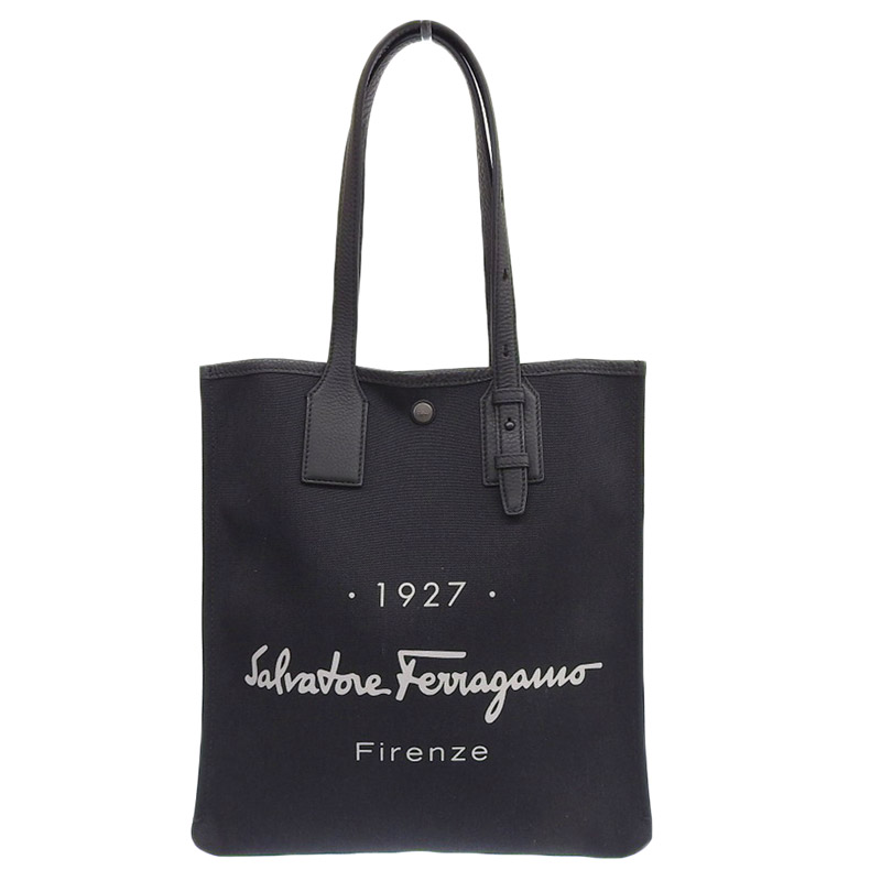 フェラガモ FERRAGAMO トートバッグ キャンバス/レザー ブラック 中古 OB1849