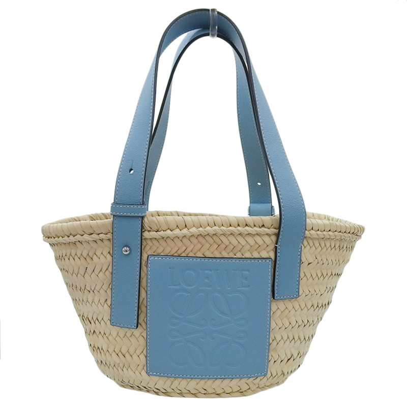 ロエベ LOEWE バスケットバッグ スモール トートバッグ かごバッグ ラフィア/レザー ナチュラル/ブルー 中古 OB1860