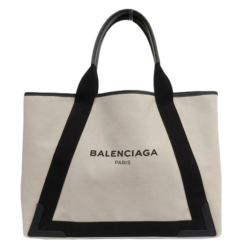 バレンシアガ BALENCIAGA ネイビーカバスM トートバッグ キャンバス/レザー ホワイト/ブラック 339936 中古 OB1867