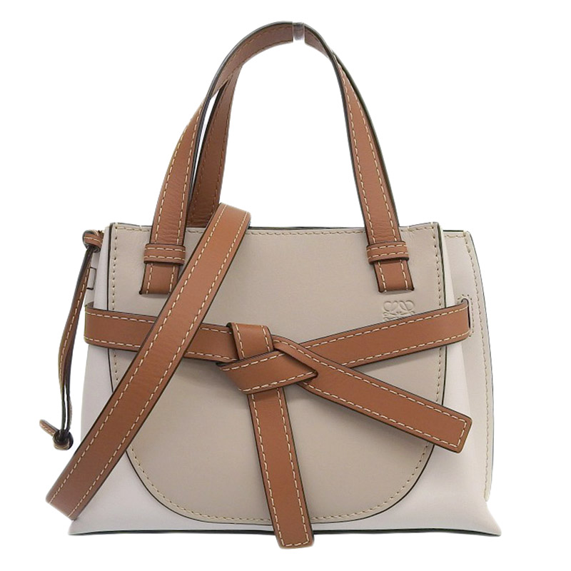 ロエベ LOEWE ゲートトップハンドルミニ 2WAYバッグ ハンドバッグ レザー ホワイト/ベージュ/ブラウン 中古 OB1874