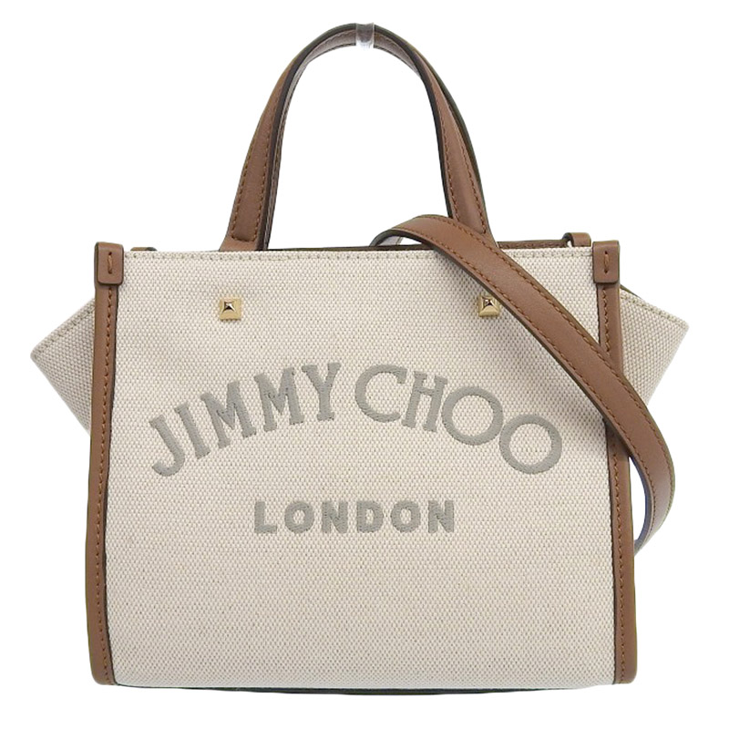 ジミーチュウ JIMMY CHOO アベニュートート 2WAY ショルダー ハンドバッグ キャンバス/レザー アイボリー/ブラウン 美品 OB1880