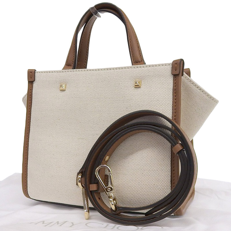 http://ジミーチュウ%20JIMMY%20CHOO%20アベニュートート%202WAY%20ショルダー%20ハンドバッグ%20キャンバス/レザー%20アイボリー/ブラウン%20美品%20OB1880