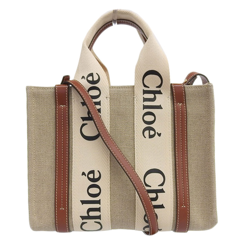 クロエ CHLOE ウッディスモール トートバッグ 2WAYバッグ ショルダーバッグ キャンバス/レザー ベージュ/ブラウン 中古 OB1888