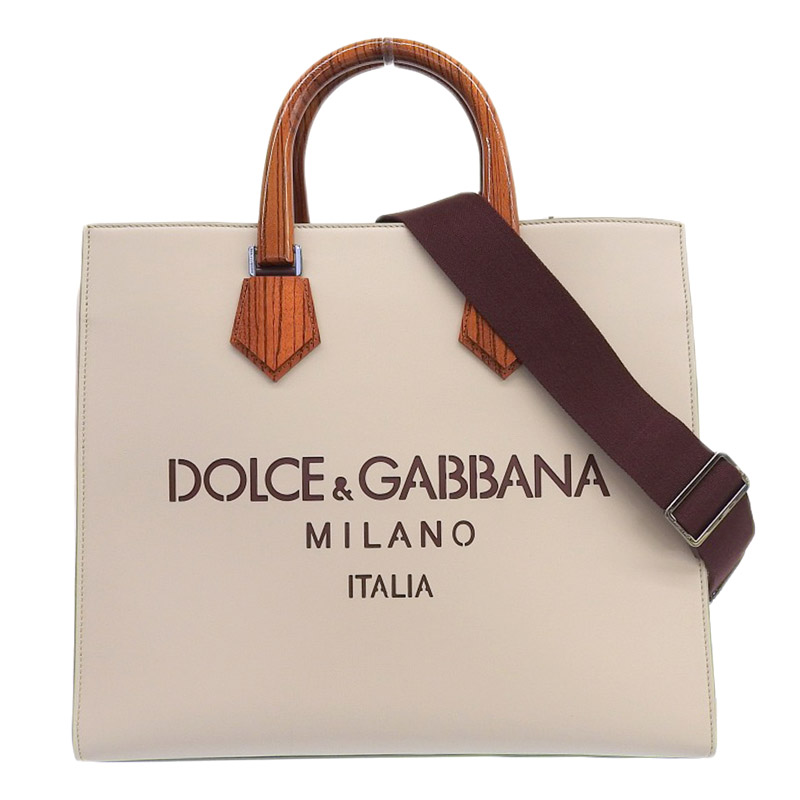 ドルチェ＆ガッバーナ DOLCE&GABBANA ロゴショッピングバッグ 2WAYバッグ トートバッグ ショルダー レザー ベージュ 中古 OB1891