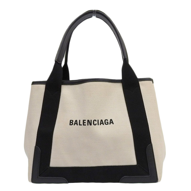 バレンシアガ BALENCIAGA ネイビーカバスS ハンドバッグ キャンバス/レザー ホワイト/ブラック 339933 中古 OB1897