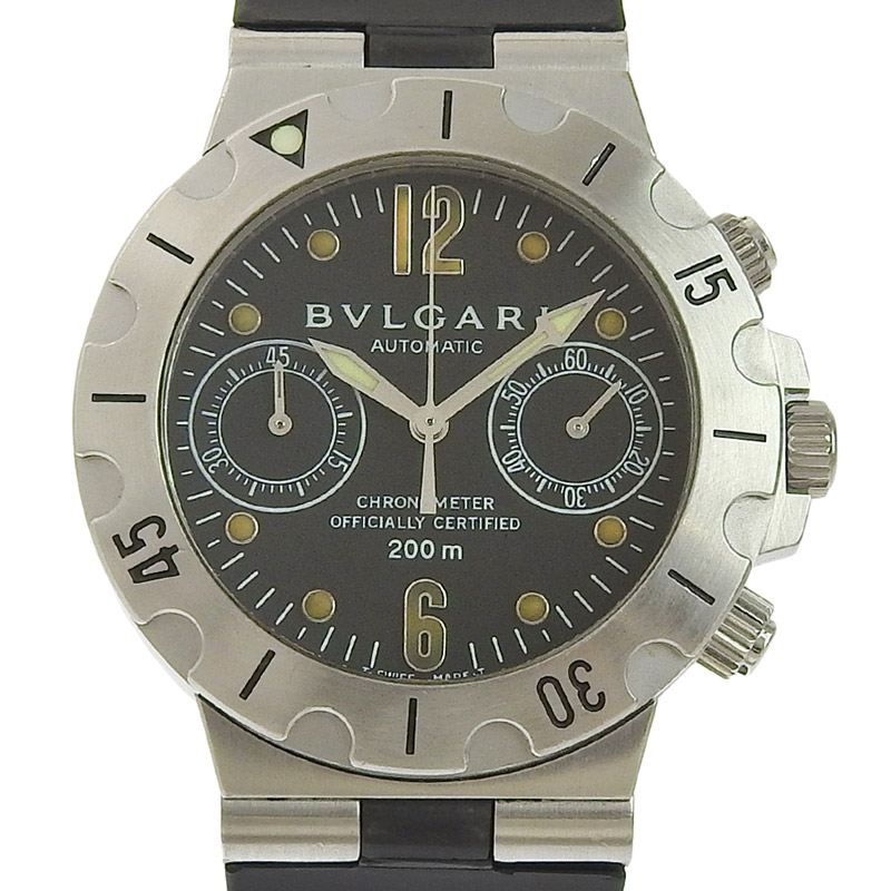 ブルガリ BVLGARI ディアゴノ スクーバ クロノグラフ メンズ 自動巻き 腕時計 SS/ラバー ブラック文字盤 中古 BV0360