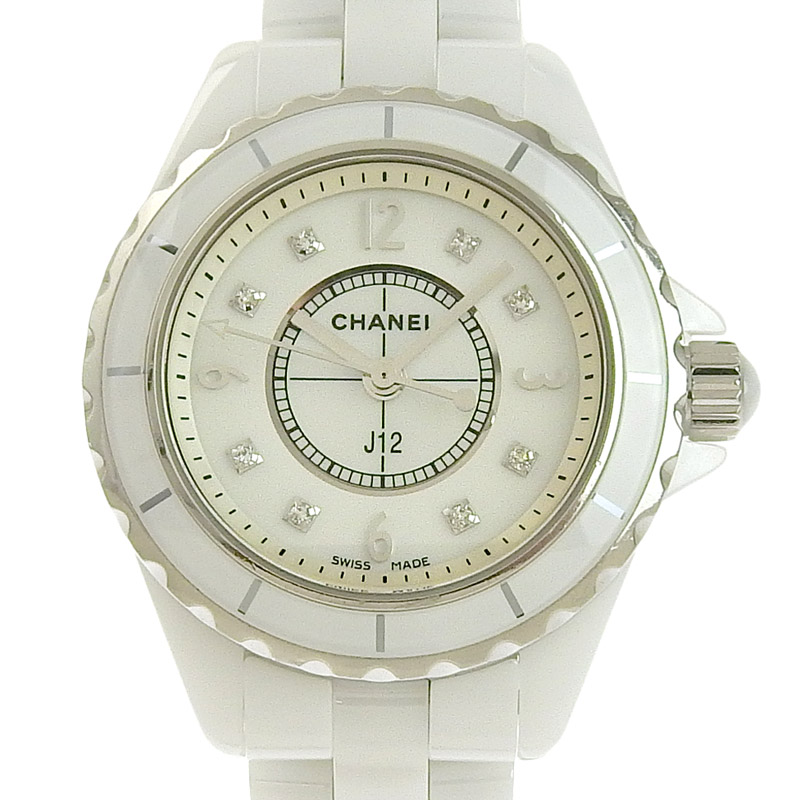 シャネル CHANEL J12 レディース クォーツ 腕時計 セラミック/SS 8Pダイヤモンド シェル文字盤 H2570 中古 CH0927