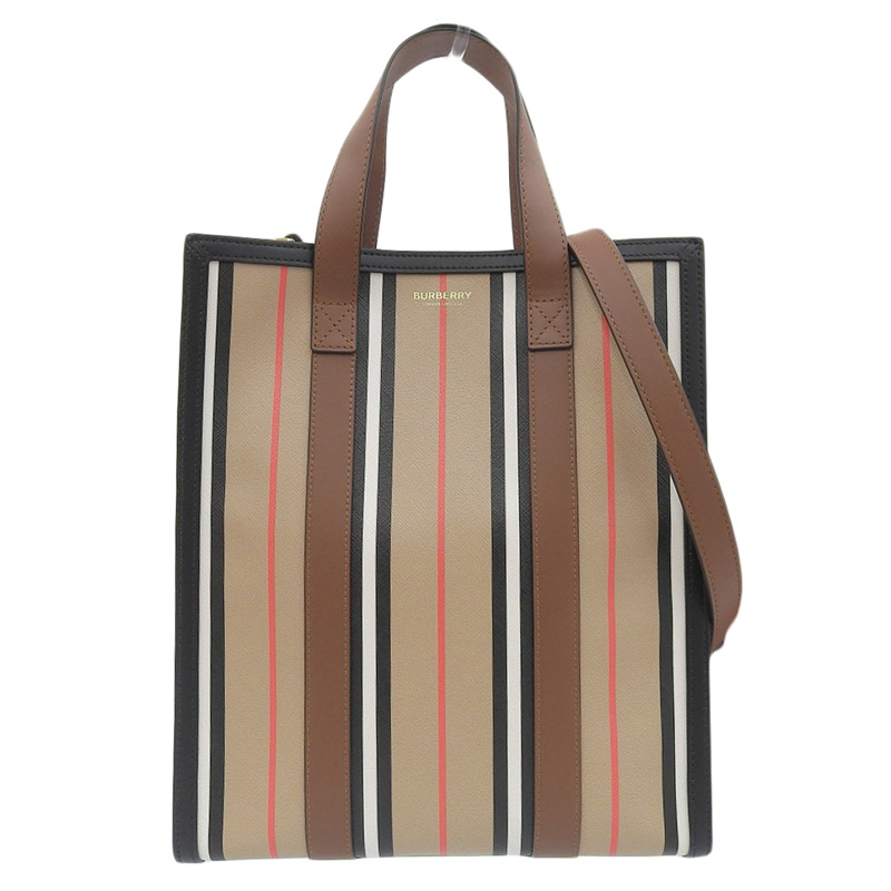 バーバリー BURBERRY アイコンストライプ 2WAYバッグ トートバッグ PVC/レザー ベージュ/ブラック/ブラウン 美品 OB2018