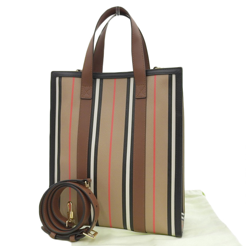 http://バーバリー%20BURBERRY%20アイコンストライプ%202WAYバッグ%20トートバッグ%20PVC/レザー%20ベージュ/ブラック/ブラウン%20美品%20OB2018