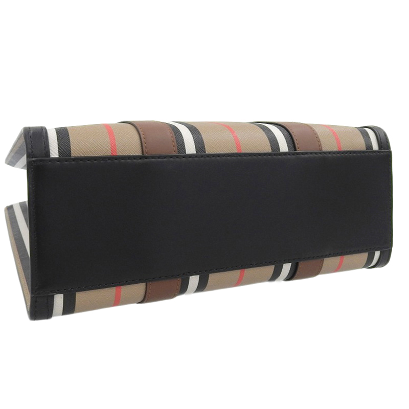 http://バーバリー%20BURBERRY%20アイコンストライプ%202WAYバッグ%20トートバッグ%20PVC/レザー%20ベージュ/ブラック/ブラウン%20美品%20OB2018