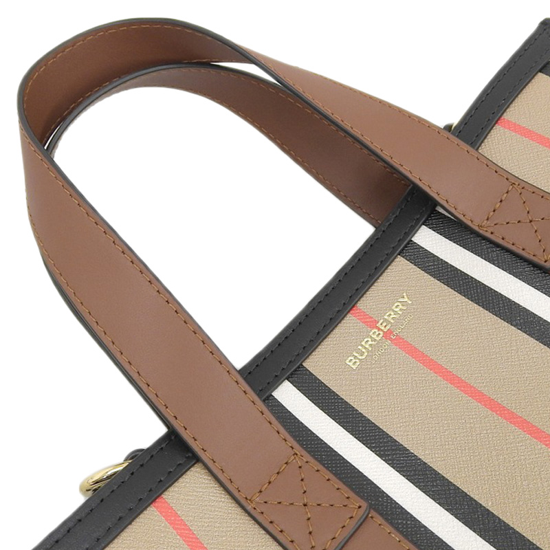 http://バーバリー%20BURBERRY%20アイコンストライプ%202WAYバッグ%20トートバッグ%20PVC/レザー%20ベージュ/ブラック/ブラウン%20美品%20OB2018