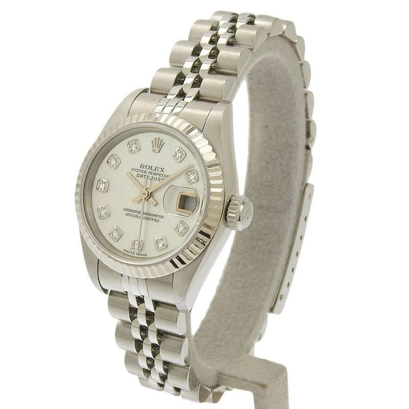 http://ロレックス%20ROLEX%20デイトジャスト%20レディース%20自動巻き%20時計%20SS/WG%2010Pダイヤモンド%20シェル文字盤%20P番%202000年%2079174NG%20中古%20RO0270