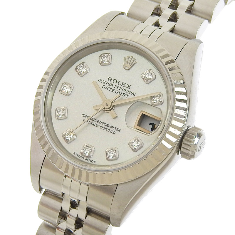 http://ロレックス%20ROLEX%20デイトジャスト%20レディース%20自動巻き%20時計%20SS/WG%2010Pダイヤモンド%20シェル文字盤%20P番%202000年%2079174NG%20中古%20RO0270