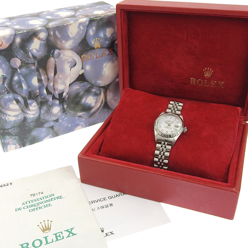 http://ロレックス%20ROLEX%20デイトジャスト%20レディース%20自動巻き%20時計%20SS/WG%2010Pダイヤモンド%20シェル文字盤%20P番%202000年%2079174NG%20中古%20RO0270