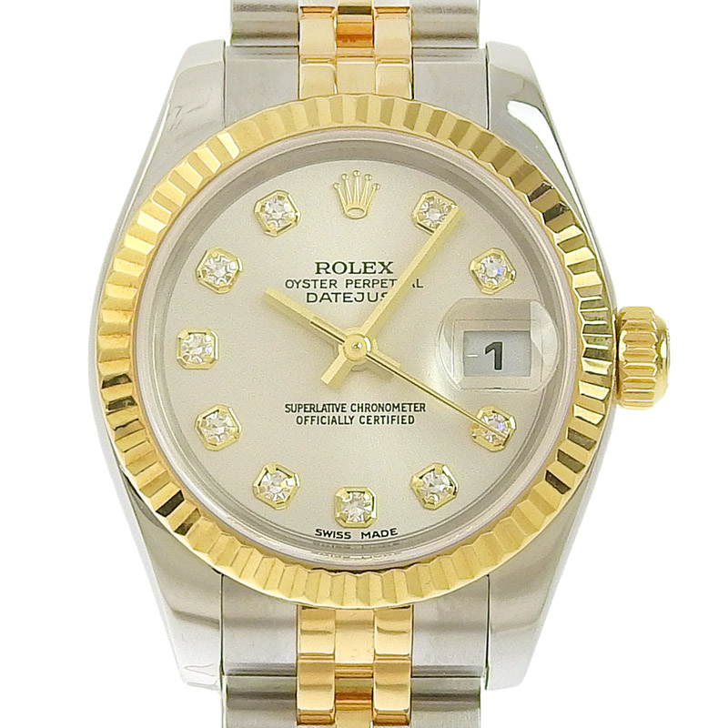 ロレックス ROLEX デイトジャスト レディース 自動巻き 腕時計 SS/YG 10Pダイヤ シルバー文字盤 D番 2005年 179173G 中古 RO0272