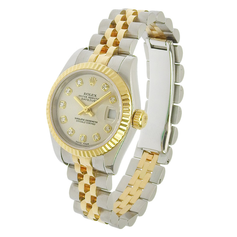 http://ロレックス%20ROLEX%20デイトジャスト%20レディース%20自動巻き%20腕時計%20SS/YG%2010Pダイヤ%20シルバー文字盤%20D番%202005年%20179173G%20中古%20RO0272