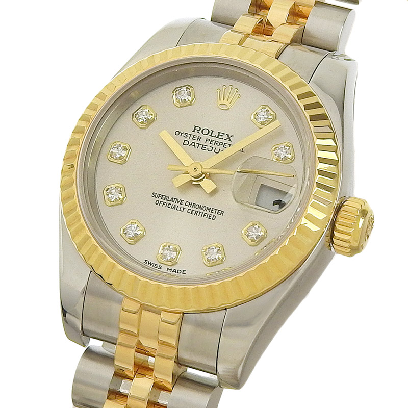 http://ロレックス%20ROLEX%20デイトジャスト%20レディース%20自動巻き%20腕時計%20SS/YG%2010Pダイヤ%20シルバー文字盤%20D番%202005年%20179173G%20中古%20RO0272