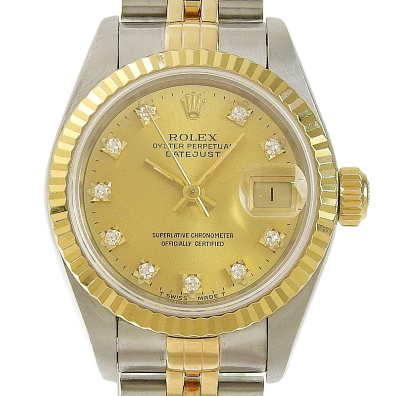 ロレックス ROLEX デイトジャスト レディース 自動巻き 腕時計 SS/YG 10Pダイヤ シャンパン文字盤 S番 1993年 69173G 中古 RO0274