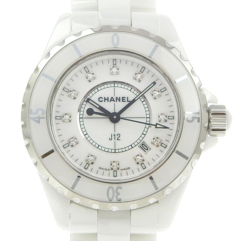 シャネル CHANEL J12 レディース クォーツ 腕時計 セラミック/SS 12Pダイヤモンド ホワイト文字盤 H1628 中古 CH0933