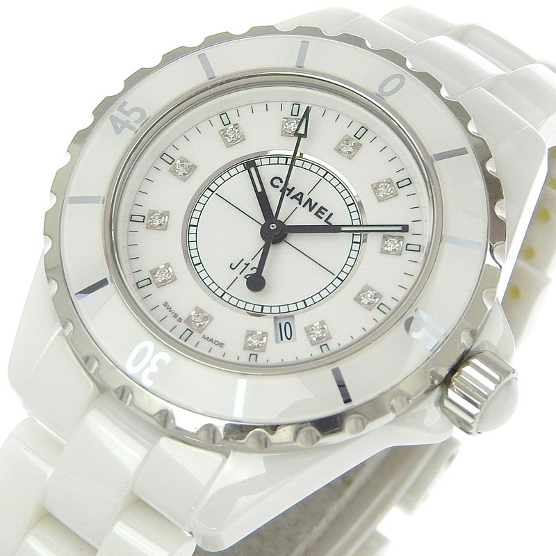 http://シャネル%20CHANEL%20J12%20レディース%20クォーツ%20腕時計%20セラミック/SS%2012Pダイヤモンド%20ホワイト文字盤%20H1628%20中古%20CH0933