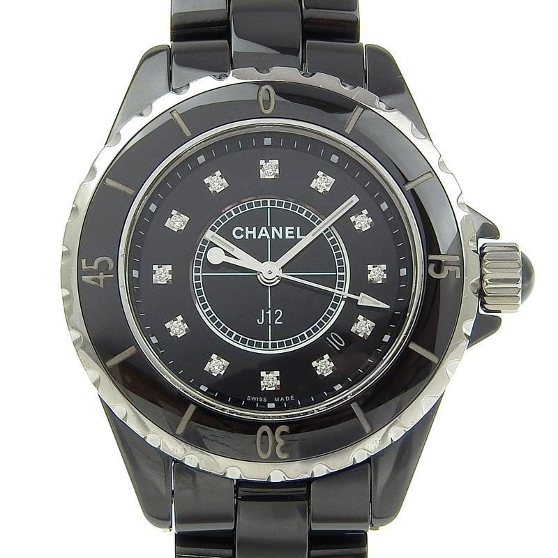 シャネル CHANEL J12 レディース クォーツ 腕時計 セラミック/SS 12Pダイヤモンド ブラック文字盤 H1625 中古 CH0934
