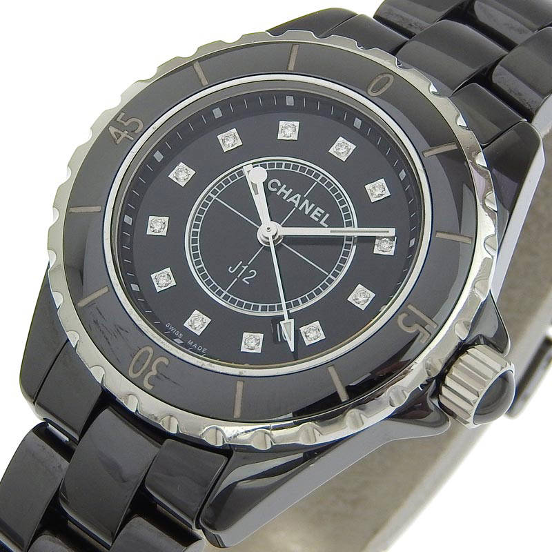 http://シャネル%20CHANEL%20J12%20レディース%20クォーツ%20腕時計%20セラミック/SS%2012Pダイヤモンド%20ブラック文字盤%20H1625%20中古%20CH0934