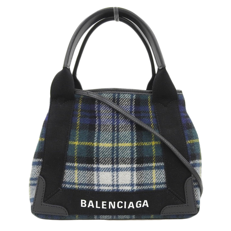 バレンシアガ BALENCIAGA ネイビーカバスXS 2WAY ハンドバッグ ショルダー ウール/レザー グリーン系チェック 390346 中古 OB1927