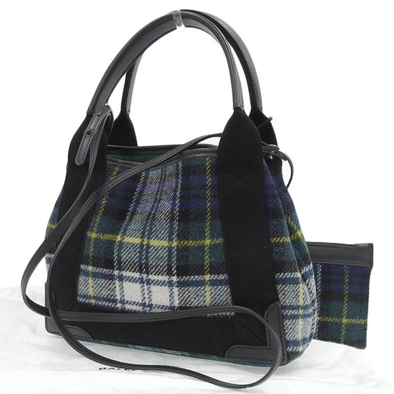 http://バレンシアガ%20BALENCIAGA%20ネイビーカバスXS%202WAY%20ハンドバッグ%20ショルダー%20ウール/レザー%20グリーン系チェック%20390346%20中古%20OB1927
