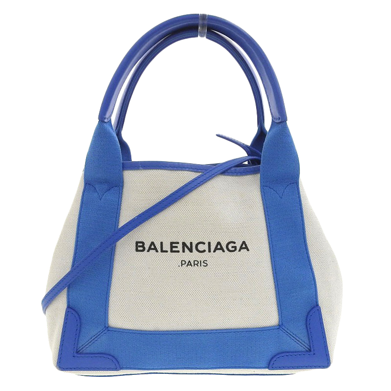 バレンシアガ BALENCIAGA ネイビーカバスXS ハンドバッグ ショルダーバッグ キャンバス/レザー ホワイト/ブルー 390346 中古 OB1945