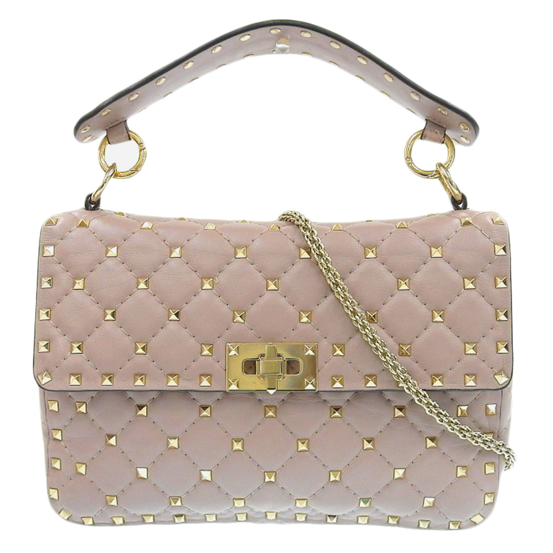 ヴァレンティノ VALENTINO ミディアム ナッパ ロックスタッズ スパイク ハンドバッグ ショルダーバッグ レザー ピンク 中古 OB1959