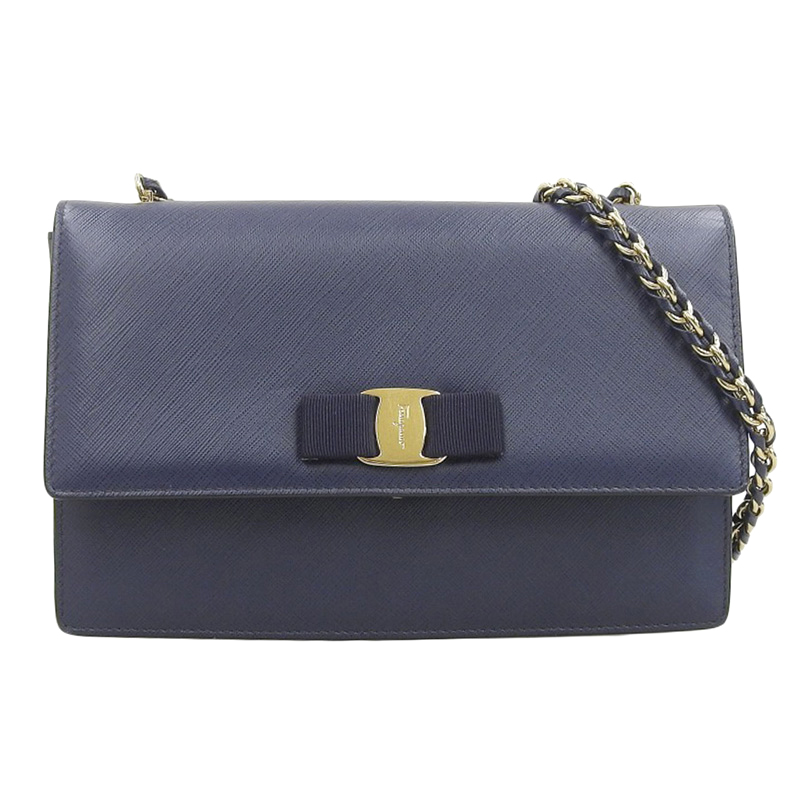 フェラガモ FERRAGAMO ヴァラ ショルダーバッグ チェーンショルダー レザー ネイビー 中古 OB2024