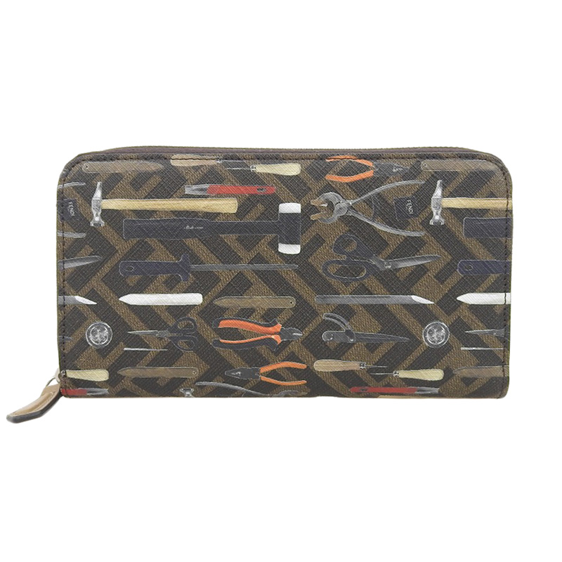 フェンディ FENDI ラウンドファスナー 長財布 ツールデザインプリント ズッカ柄 PVC ブラウン系 7M0210 中古 OBB0560