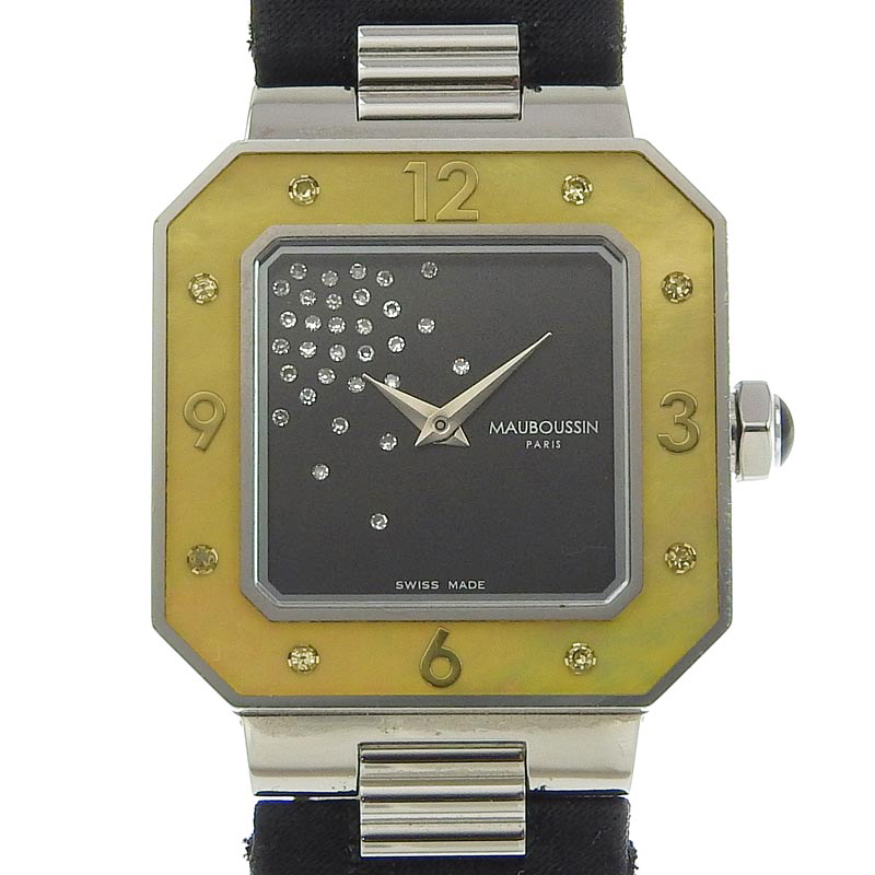 モーブッサン MAUBOUSSIN レディース クォーツ 腕時計 スクエア シェルベゼル SS/サテン ブラック文字盤 9112111 中古 OW0433