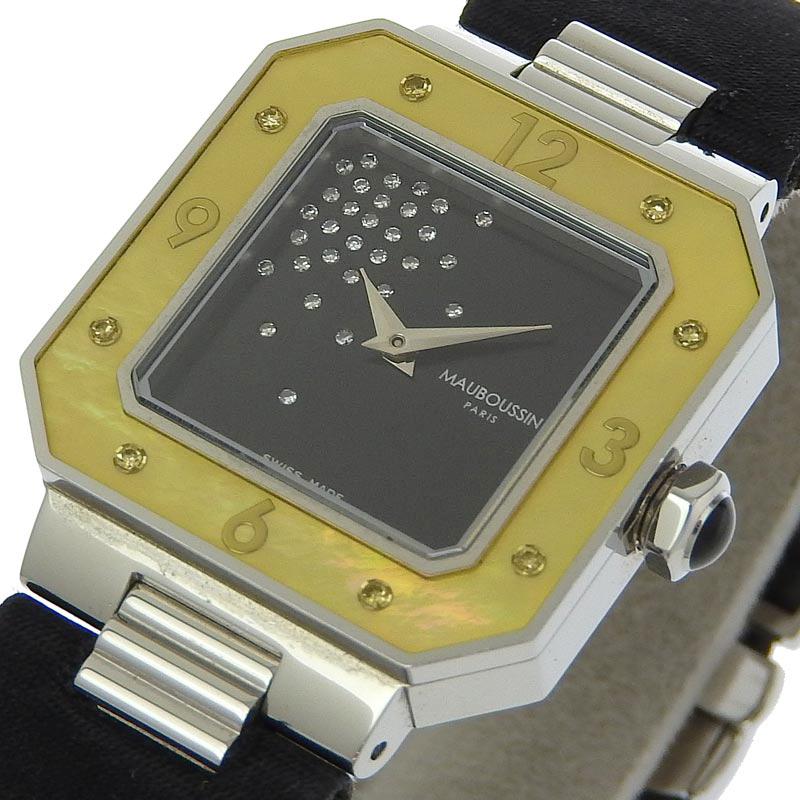 http://モーブッサン%20MAUBOUSSIN%20レディース%20クォーツ%20腕時計%20スクエア%20シェルベゼル%20SS/サテン%20ブラック文字盤%209112111%20中古%20OW0433