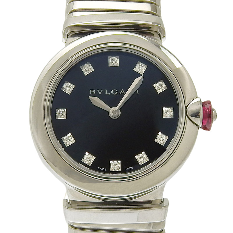 ブルガリ BVLGARI 時計 ルチェア クォーツ 腕時計 レディース SS ブラック文字盤 12P ダイヤモンド LU28S 中古 BV0361