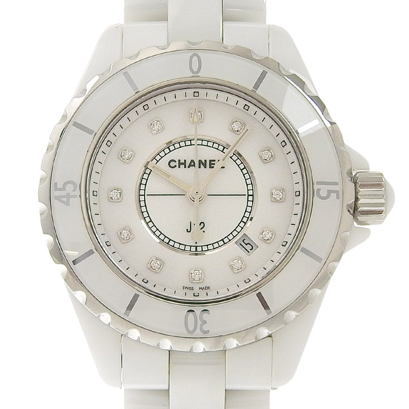 シャネル CHANEL 時計 J12 クォーツ 腕時計 レディース セラミック/SS 12P ダイヤモンド ホワイト文字盤 H1628 中古 CH0939